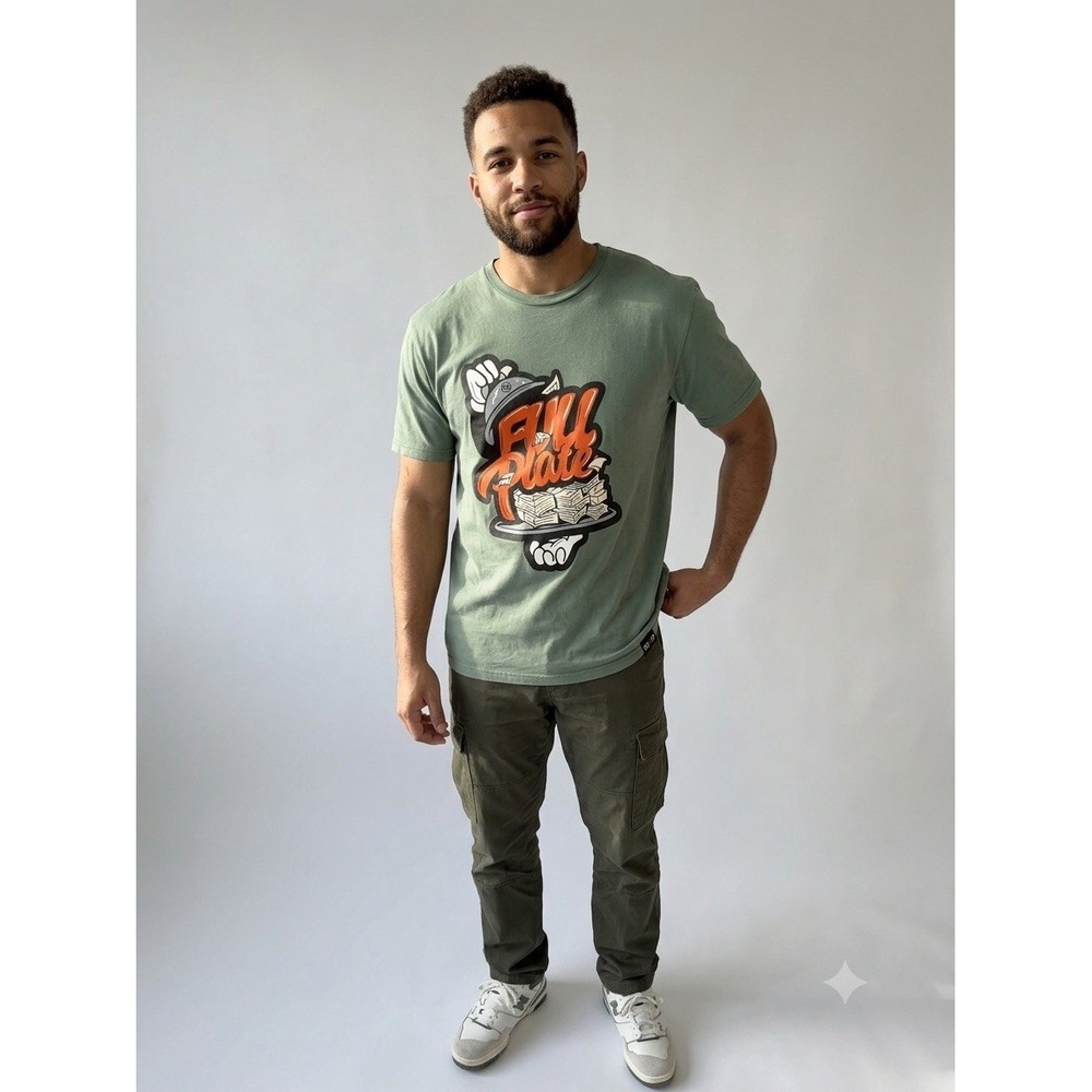 PG Apparel Full Plate T-Shirt Mens L Large Sage Green Orange Graphic Keep It Lit